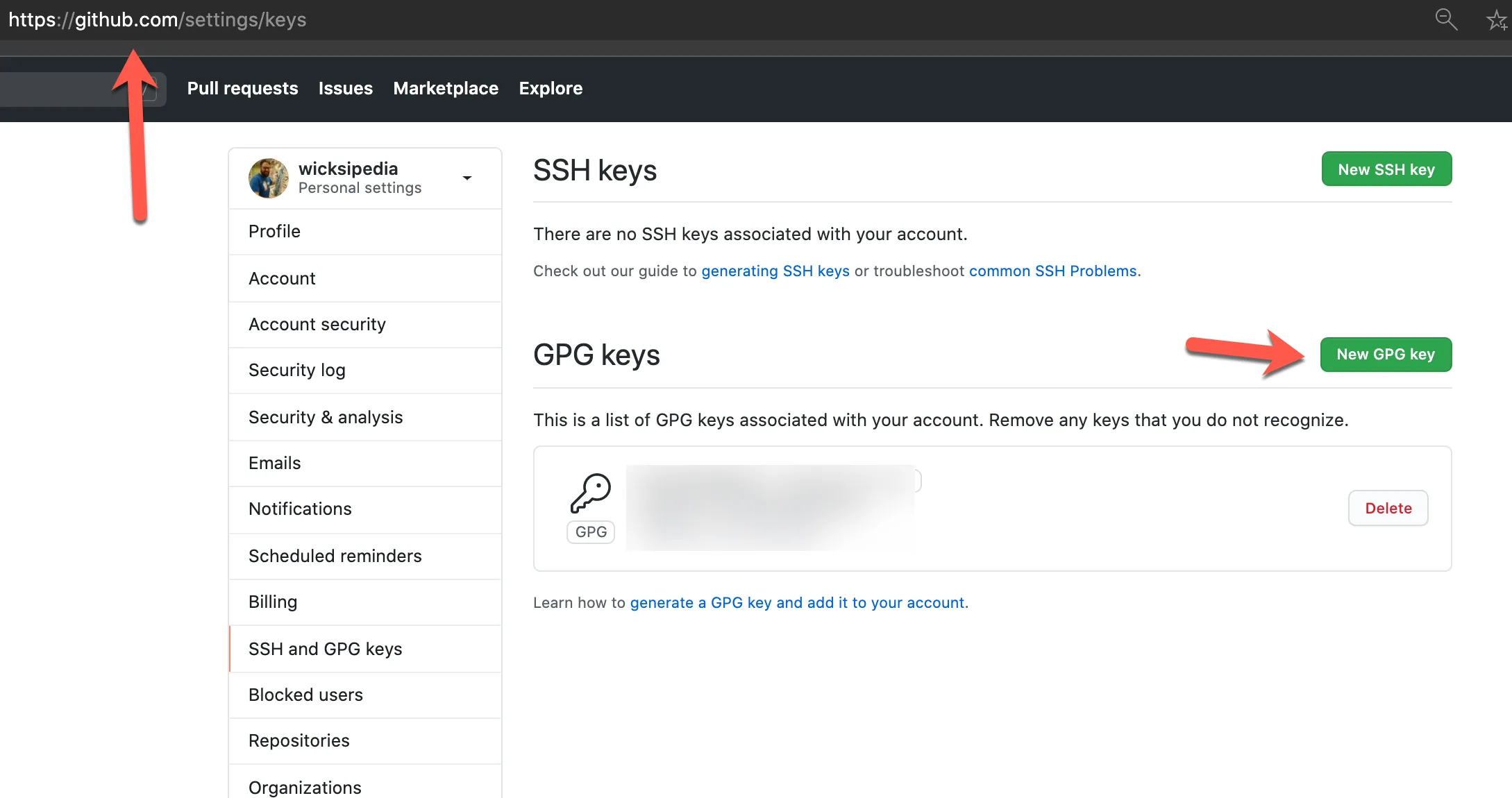 Screenshot of GitHub settings page showing where to add SSH and GPG keys with navigation tabs and key management interface