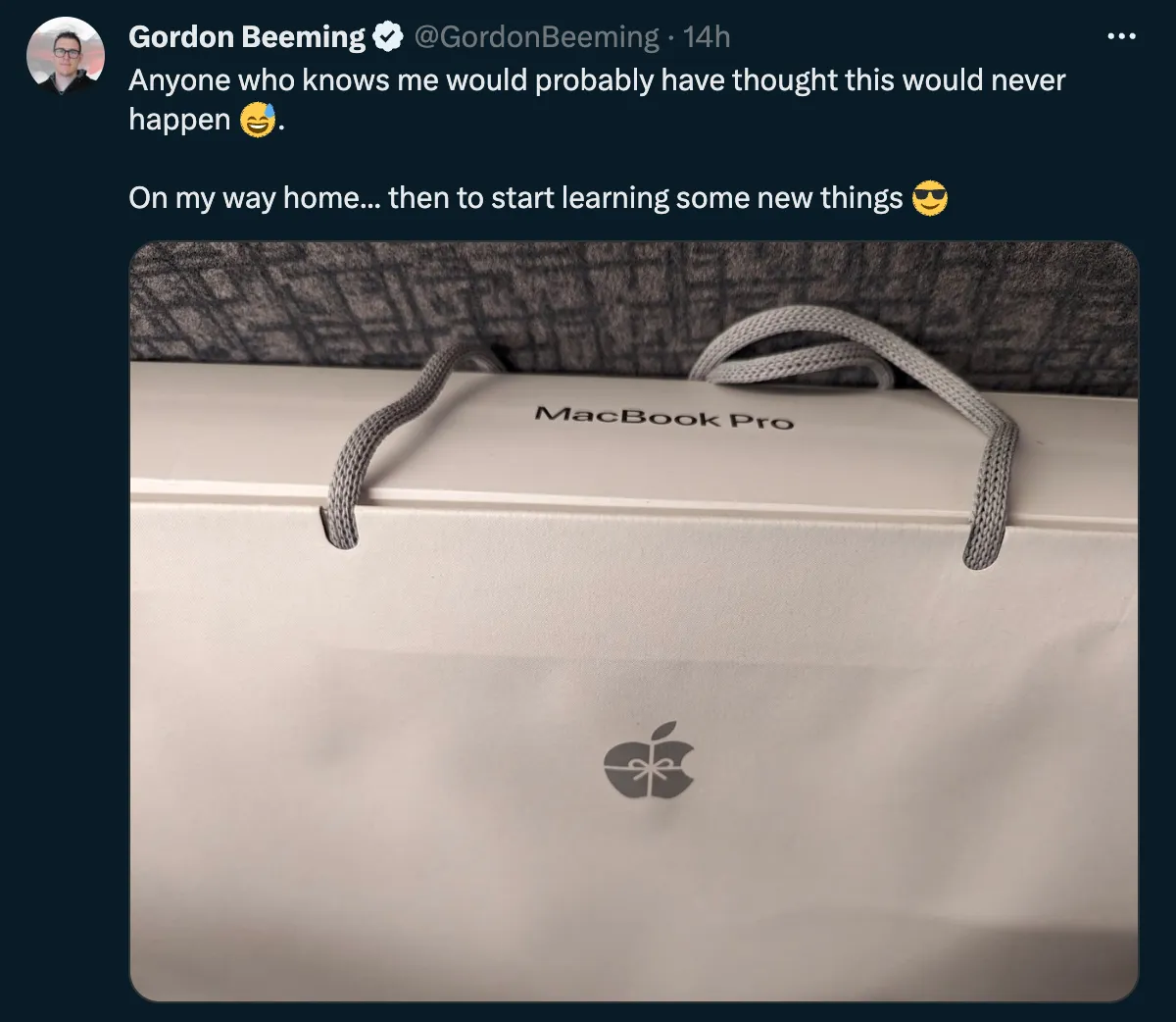 Screenshot of Gordon Beeming's Twitter post announcing he bought a MacBook Pro for .NET development