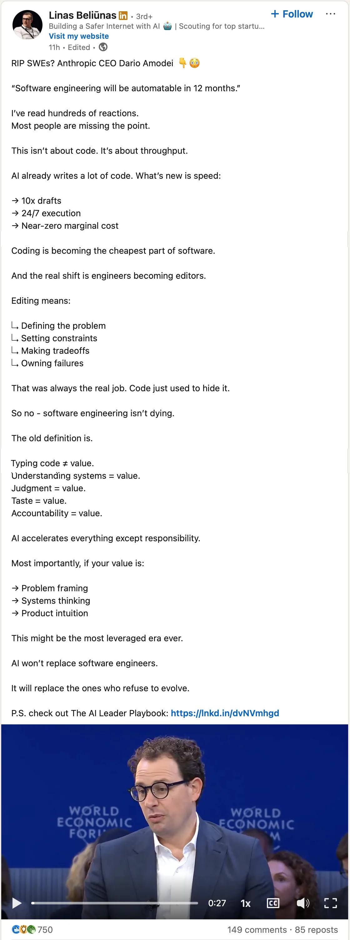 Screenshot of LinkedIn post discussing AI impact on software engineering with 'RIP SWEs' headline and comments about Anthropic CEO's predictions
