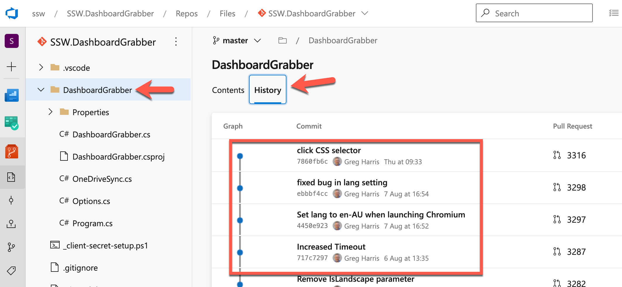 In Azure DevOps you can see the history of commits for a specific folder