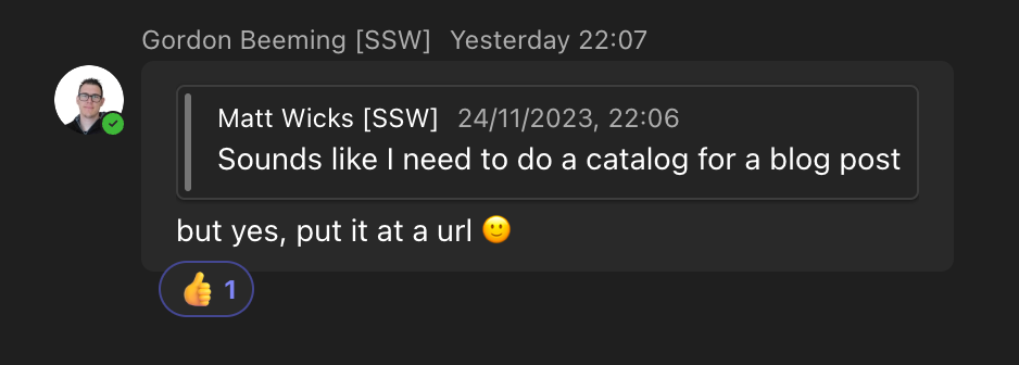 Chat conversation saying that cataloging something to a url is better than random chat messages